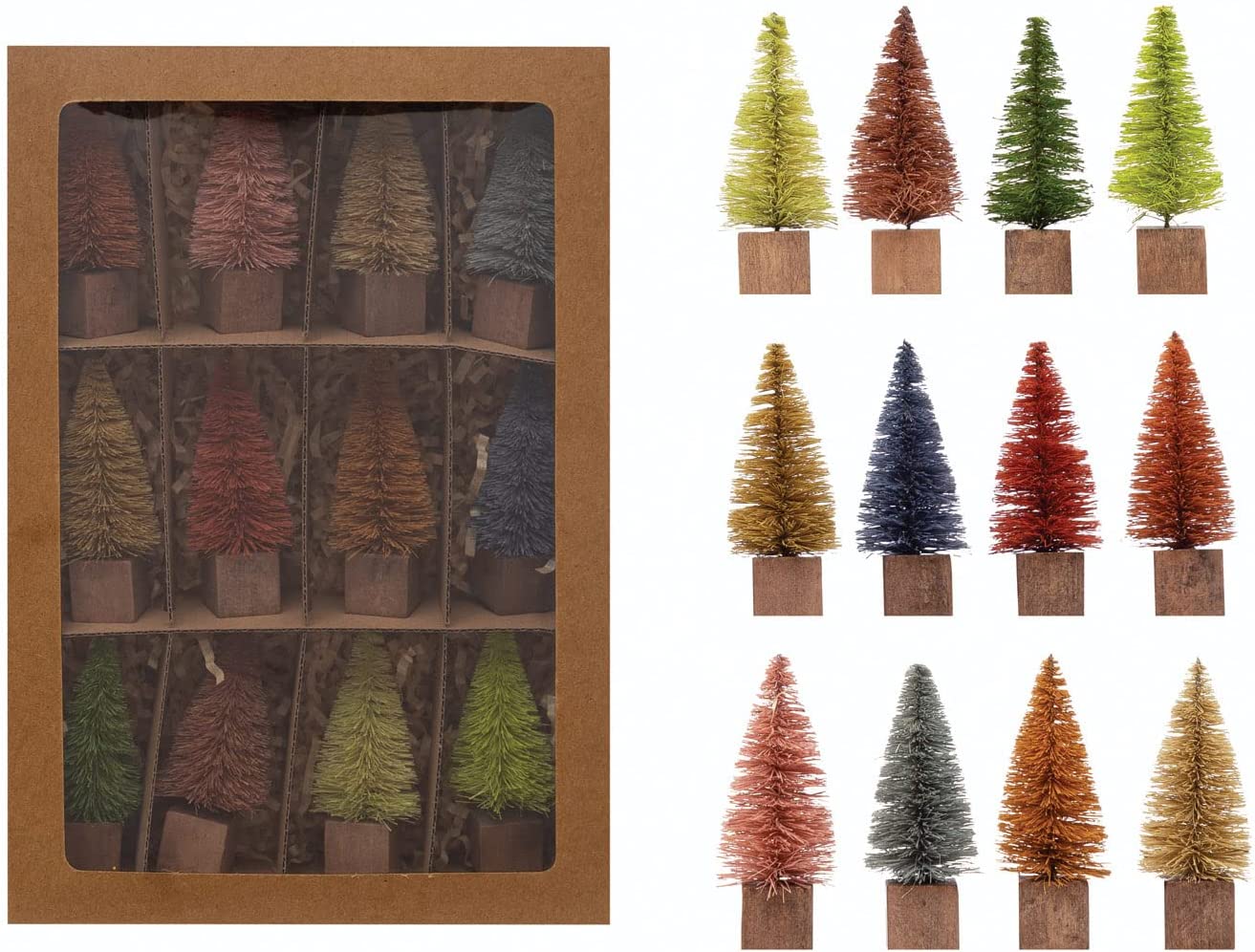 3"H Bottle Brush Trees with Wood Base, Multi Color, Boxed Set of 12