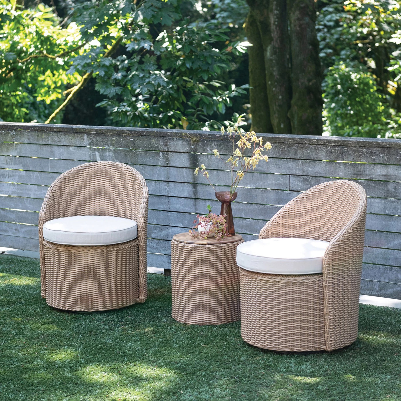 Wicker Swivel Chairs with Storage Table, Set of 3