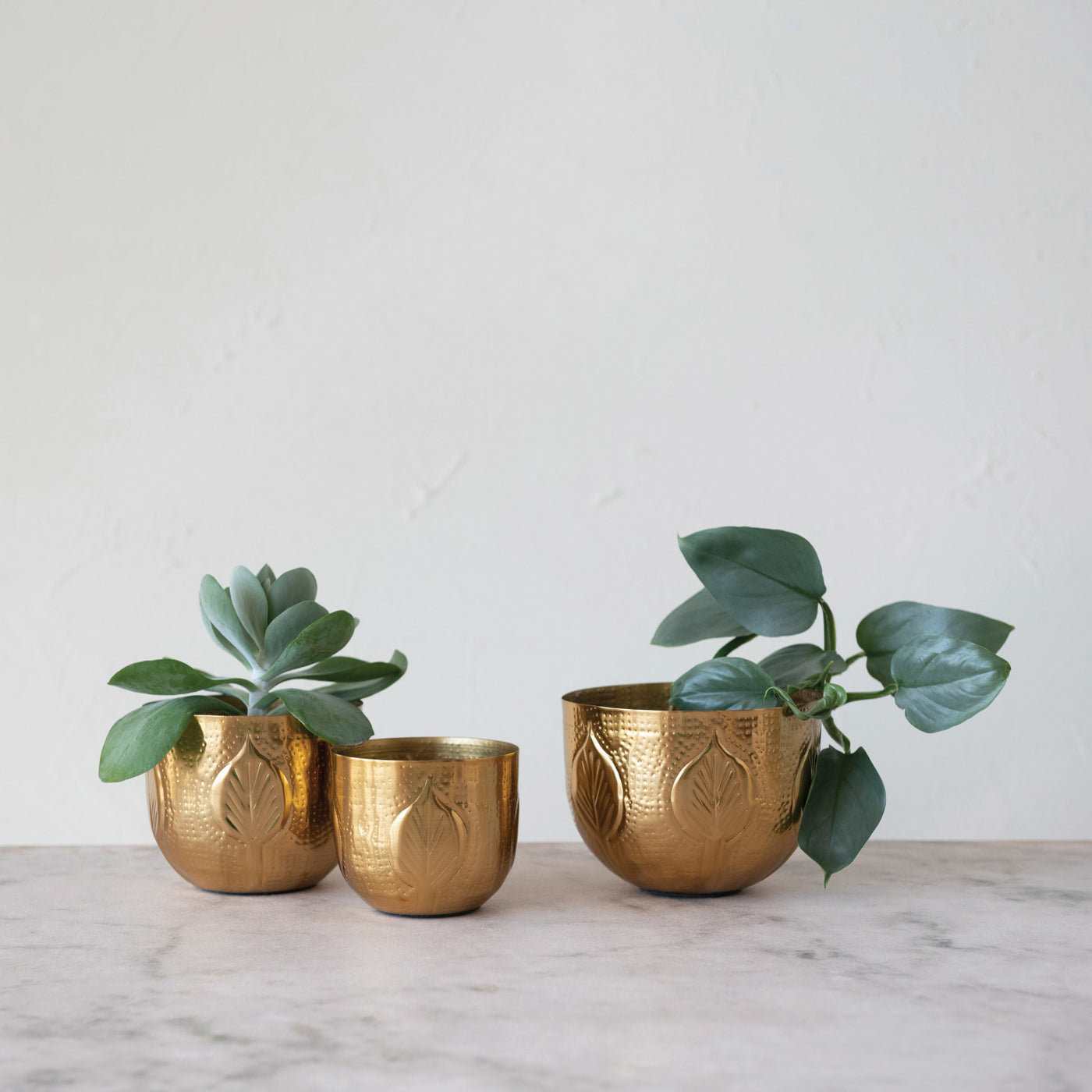 7" Round Debossed Metal Planter, Gold