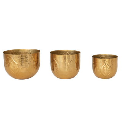 6" Round Debossed Metal Planter, Gold