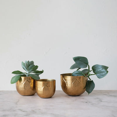 6" Round Debossed Metal Planter, Gold