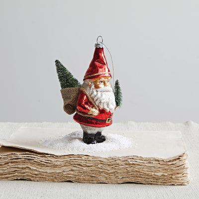 Glass Garden Santa Ornament w/ Bottle Brush Trees