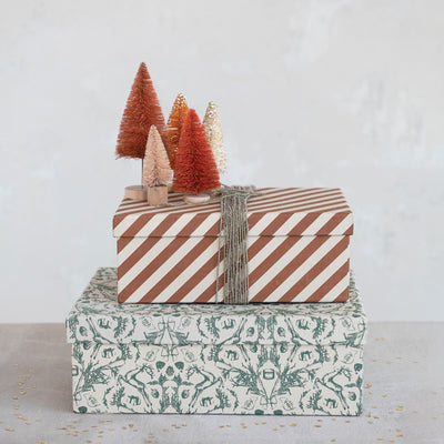 12" Printed Recycled Paper Gift Box, Cream & Green