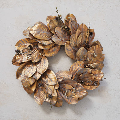 24" Round Faux Magnolia Leaf Wreath, Gold