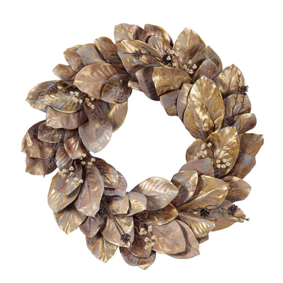 24" Round Faux Magnolia Leaf Wreath, Gold