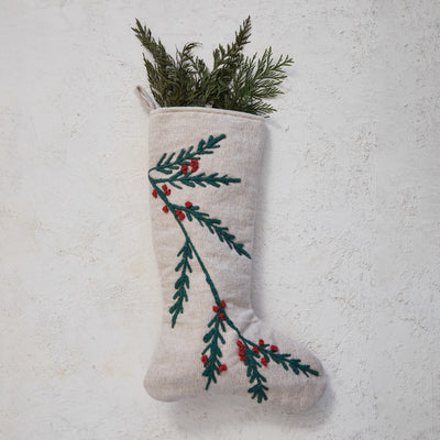 Woven Cotton & Jute Stocking w/ Embroidered Holly