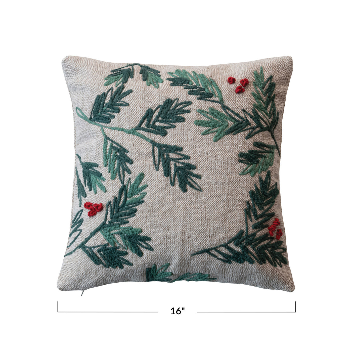 16" Square Cotton & Jute Pillow w/ Holly