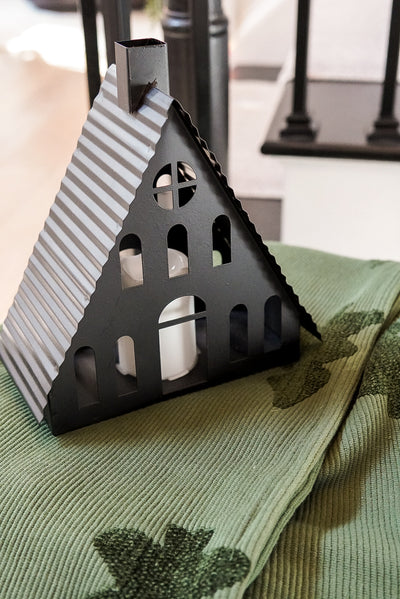 Metal House w/ LED Candle, Black