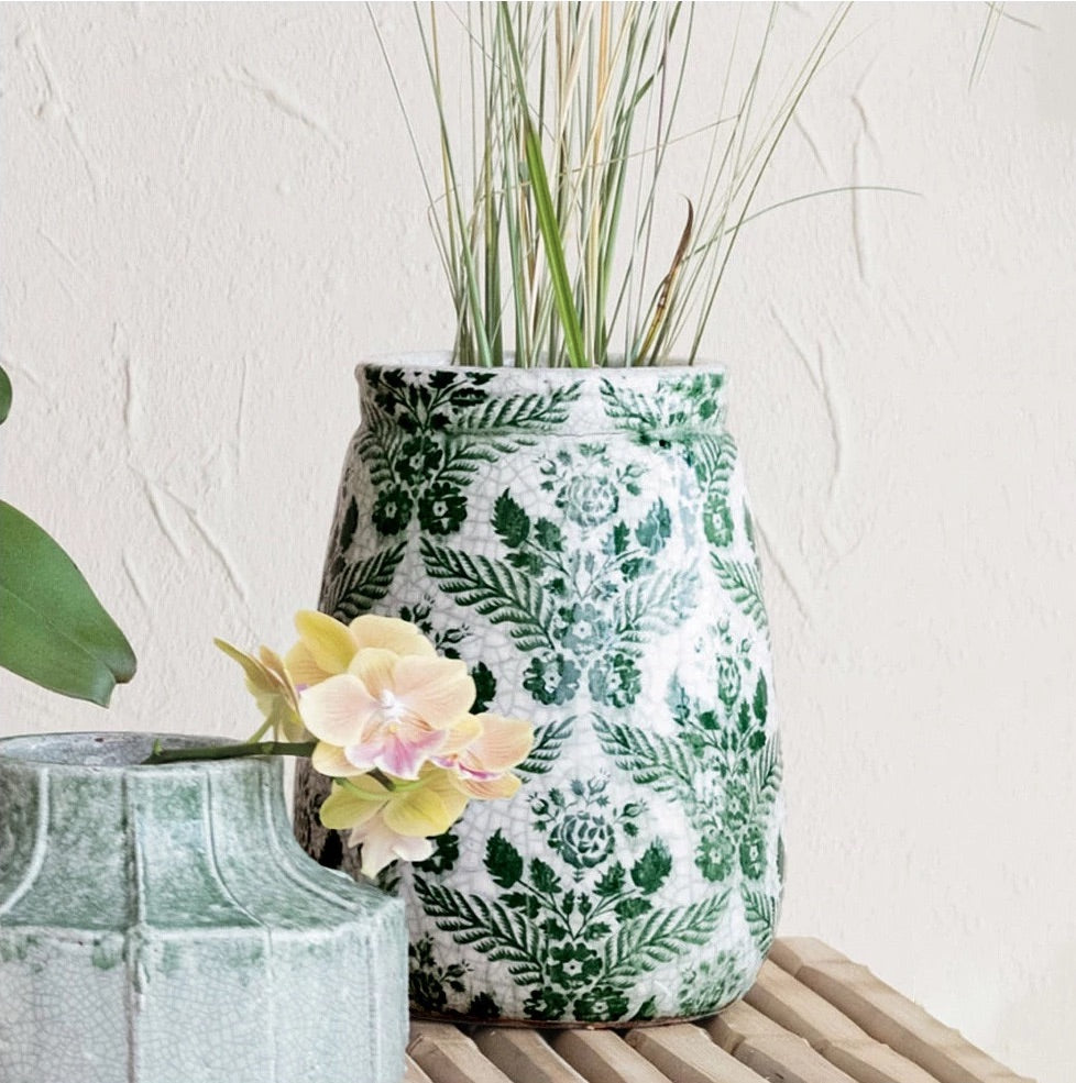 Green & White Terracotta Vase